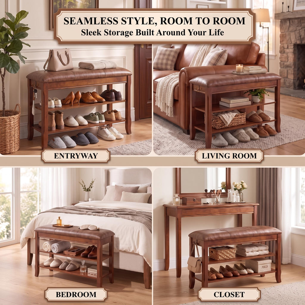 Shoe Rack Bench Solid Wood Shoe Bench Entryway with Leather Cushion 31.5''