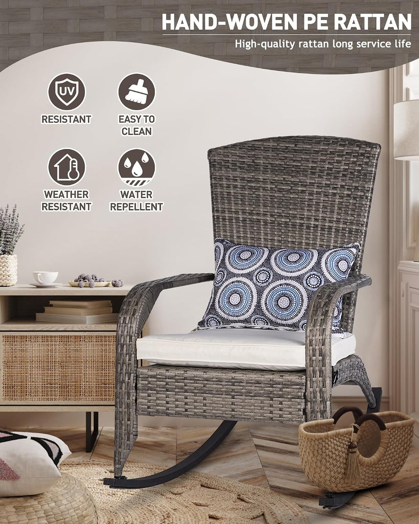 Outdoor Rocking Chair, Patio Rattan Rocker Chair with Cushions & Steel Frame, All Weather Porch Rocking Chair for