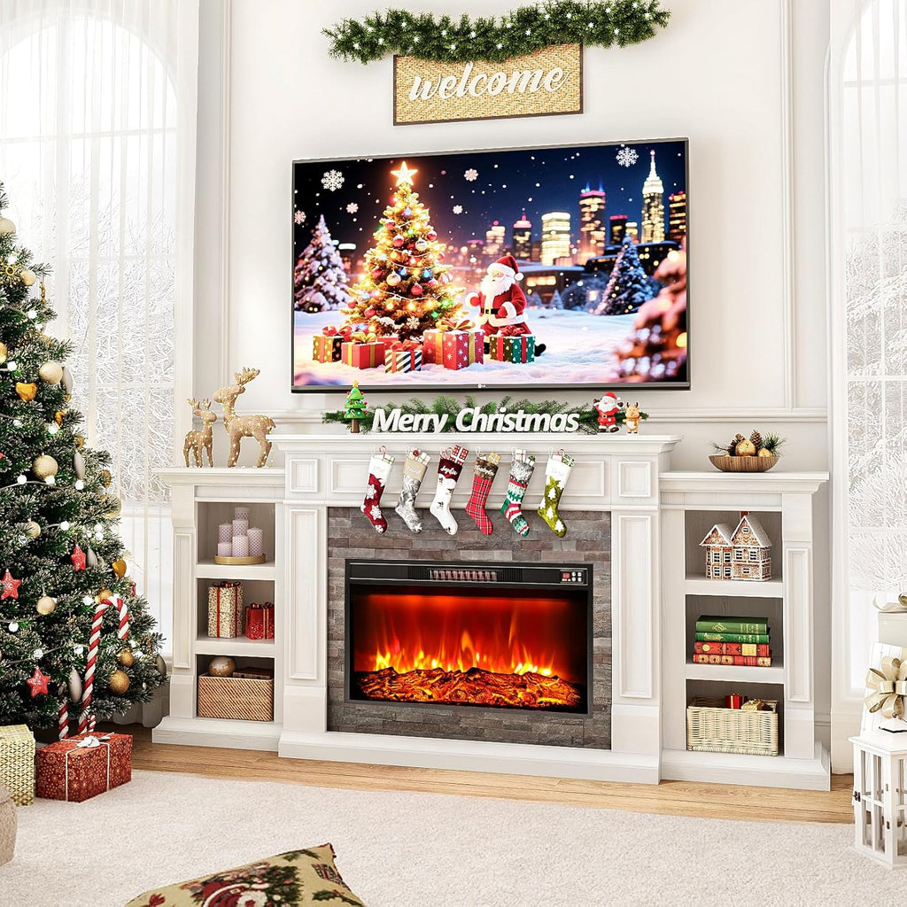 80" Electric Fireplace with Mantel, Fireplace TV Stand for TVs Up to 90 Inch, Modern Entertainment Center with