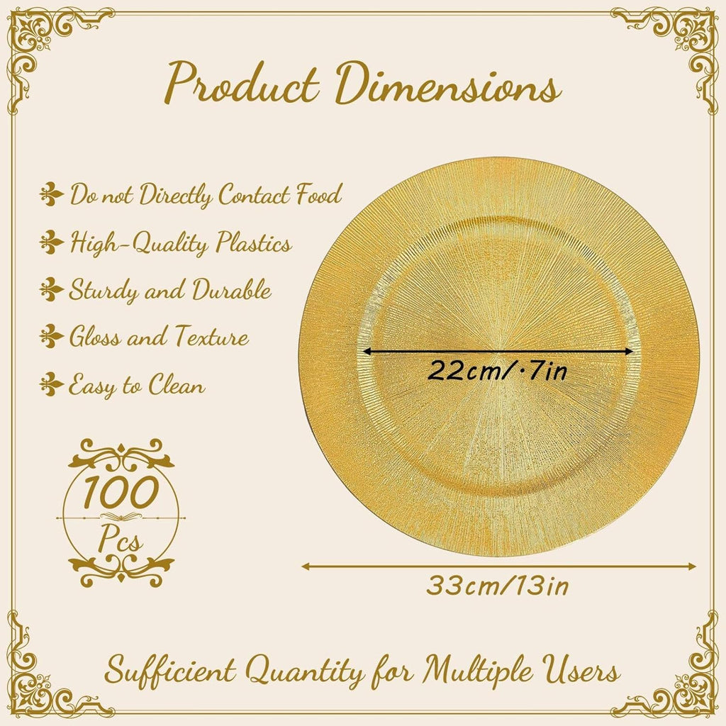 Golden Charger Plate Bulk,13 Inch Plastices Gold Chargers Plates Dinner Round Tray Tableware Dish For Table - Set of 100