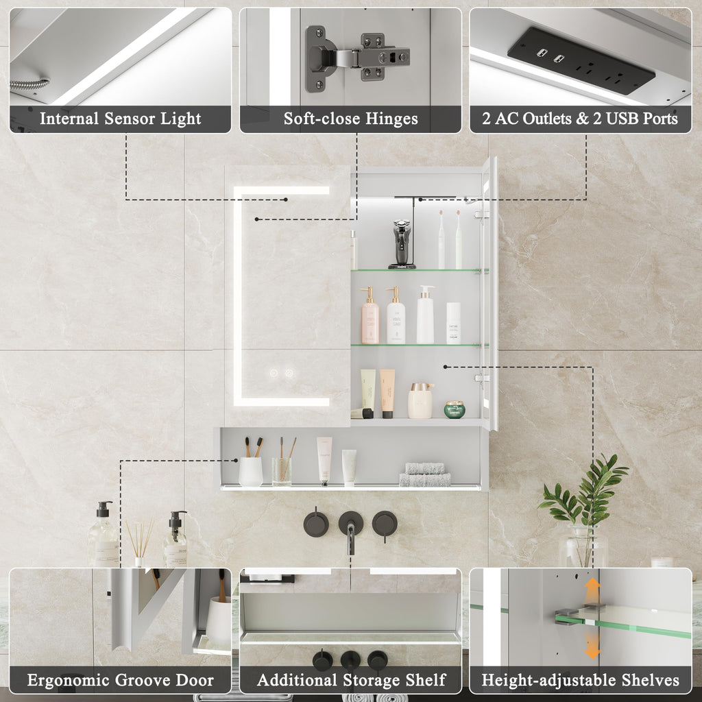 Lighted Medicine Cabinet with Double-Sided LED Mirror, Aluminum Bathroom Mirror Cabinet with Storage, Dimmable 3