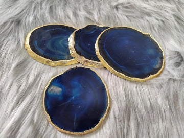 Blue Agate Coasters (3.5-4 Inch) Natural Brazilian Geode Stone Coasters with Gold Rim Crystal Gemstone Cup - Set of 4