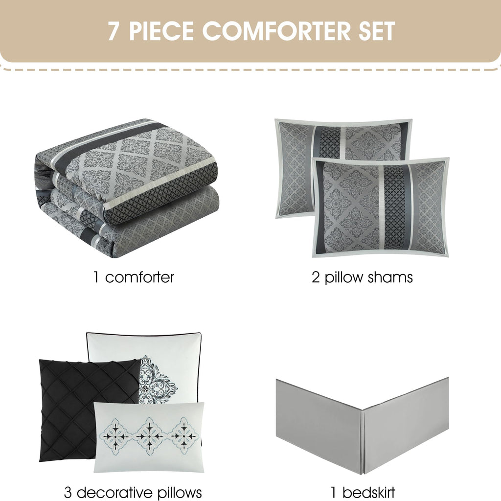 Jacquard 7 Piece Comforter Set, Grey, Bed Size Queen, Geometric Bedding Set, Matching Shams, Bedskirt, Decorative
