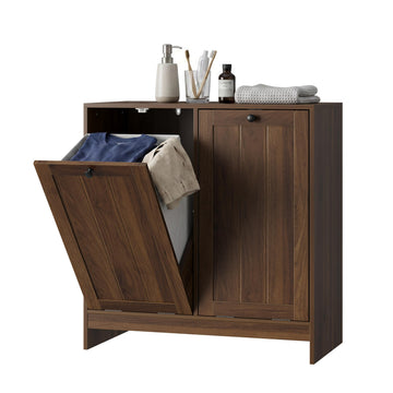 Double Tilt Out Laundry Hamper Cabinet, 11.8 Gallon Hidden Trash Cabinets with 2 Baskets , Freestanding Small