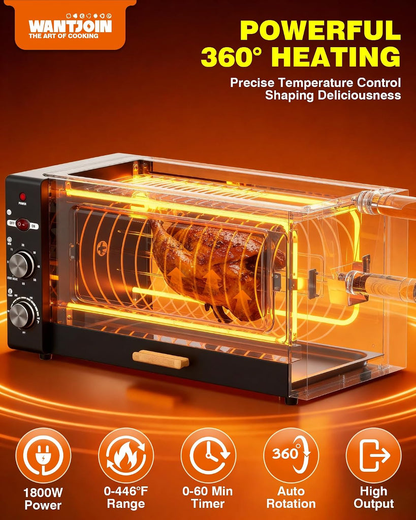 Electric Rotisserie Oven - 26QT 3-Layer 3-in-1 Rotisserie Oven For Simultaneous Cooking, 360°Auto-Rotate Heating