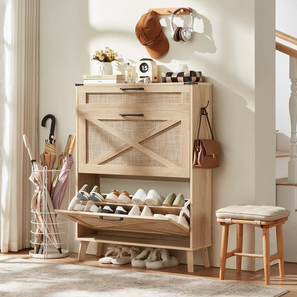 Rattan Shoe Cabinet Storage With 2 Flip Drawers