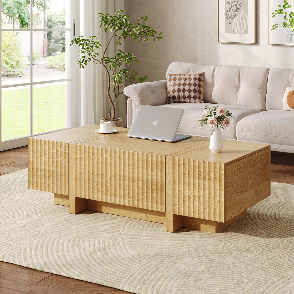 Fluted TV Stand and Coffee Table Set of 2, Rectangular, Natural