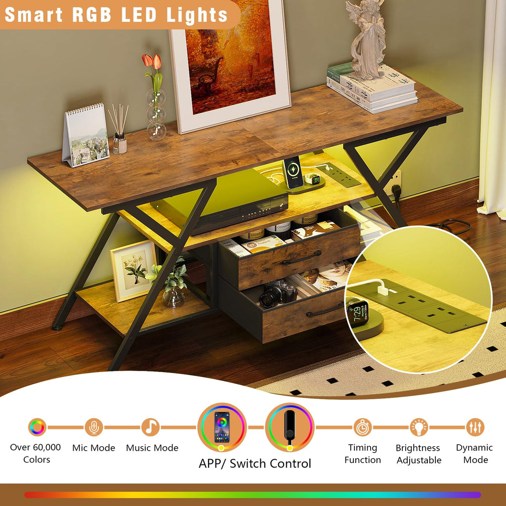 TV Stand with Power Outlet & LED Lights for TVs up to 65", Rustic Brown