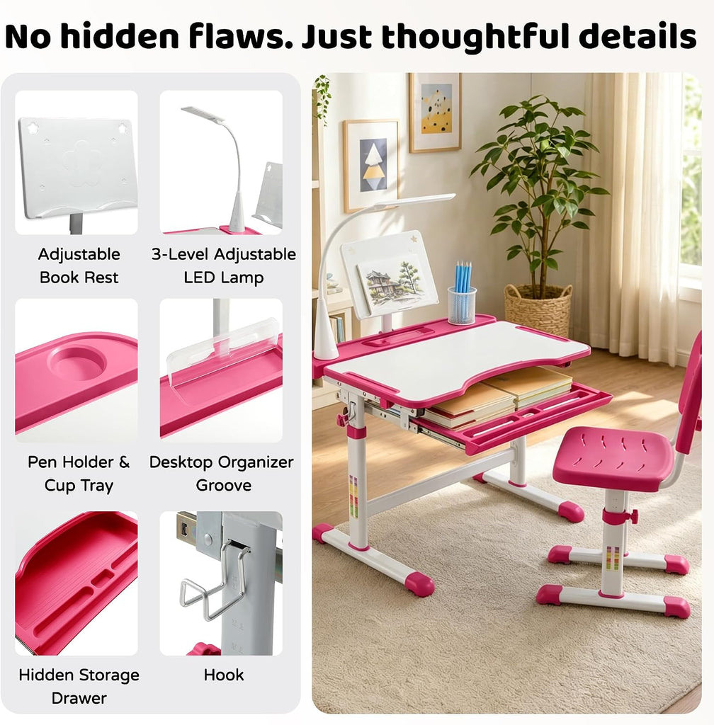 Kids Desk and Chair Set with LED Light, Height-Adjustable for Age 7+