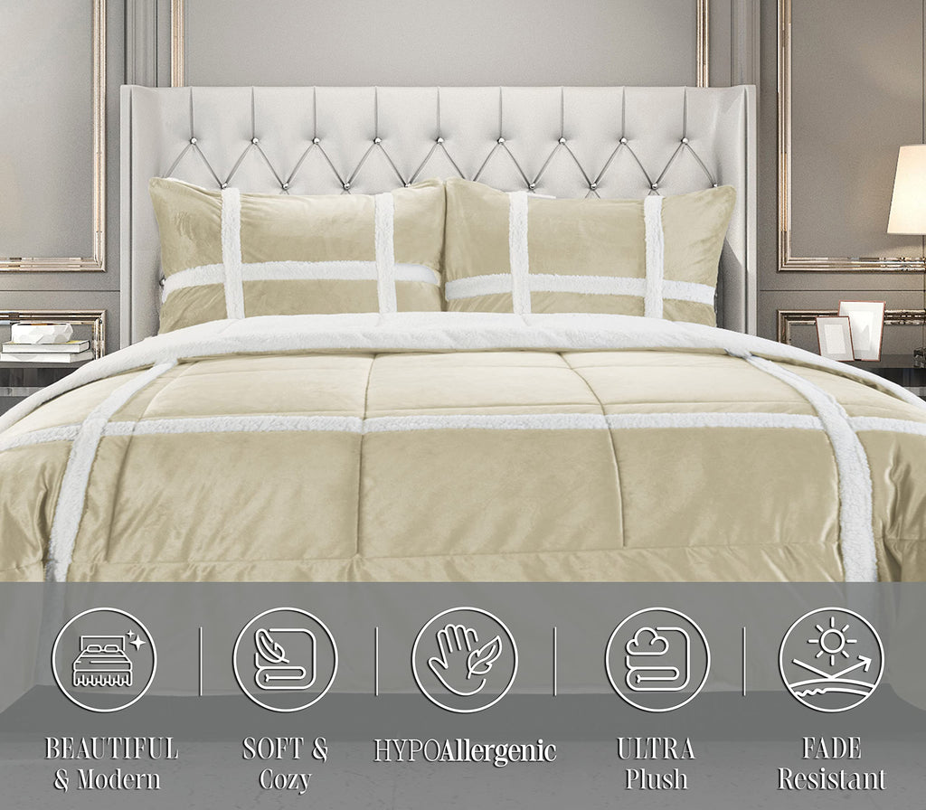 3-Piece Olivia Stripe Sherpa Comforter Set, Super Soft Comforter with Striped Pattern and Sherpa Backing, Textured &