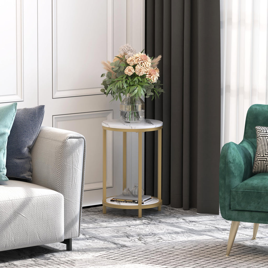 Round Side Table, Modern Nightstand End Table with Gold Metal Frame &Faux Marble Top, Accent Bedside Table Bedroom
