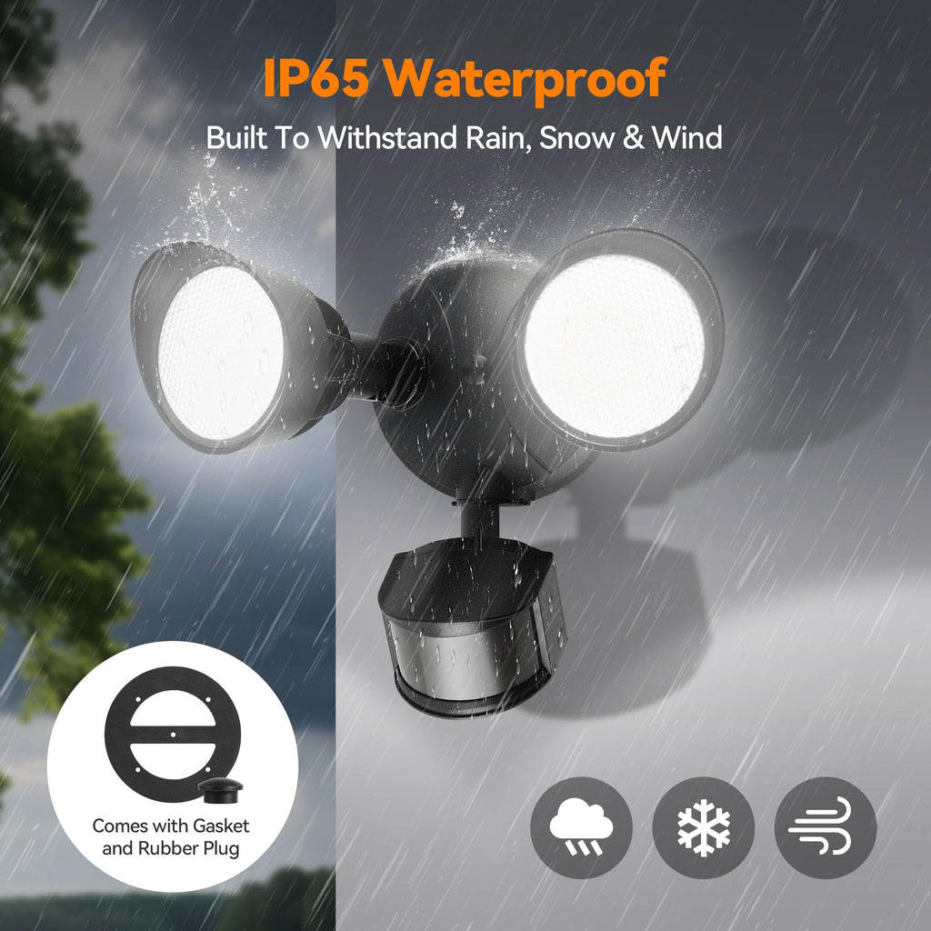 45W PIR Motion Sensor Outdoor Lights, Dual Head LED Flood Light, 5000K Daylight, IP65 Waterproof Hardwired