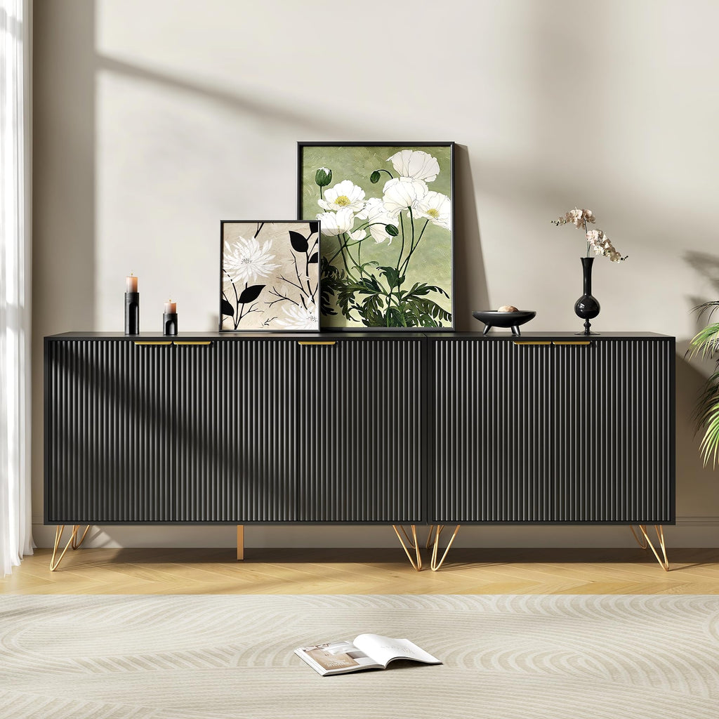 75 inch TV Stand with 5 Fluted Doors and Adjustable Shelves, Black丨Modern Entertainment Center Cabinet, Wood Media