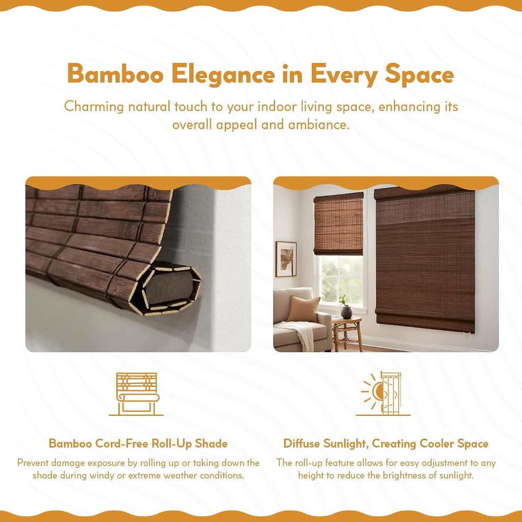 Cordless Bamboo Roman Shades for Windows - Flatstick Bamboo Blinds for Semi-Private Light Control - Easy to Lift & Fold Up Window Shades - Cocoa - 23 in. W x 64 in. L - (2216300E)