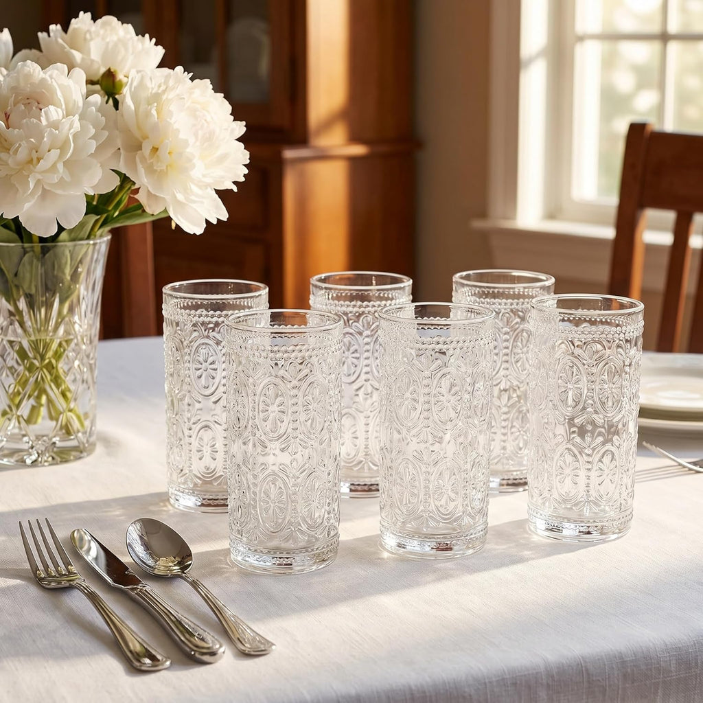 6 Pack Romantic Drinking Glasses, 12 oz Highball Glasses, Thick Water Glasses, Tall Glass Cups for Beverages, Beer