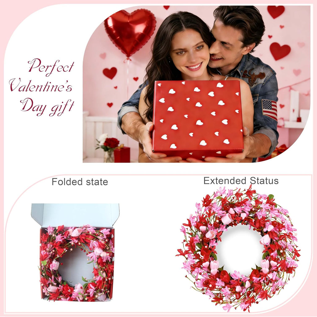 Valentine's Day Wreath 22 Inch Valentines Day Wreaths for Front Door Valentine Door Wreath with Red Berries Pink