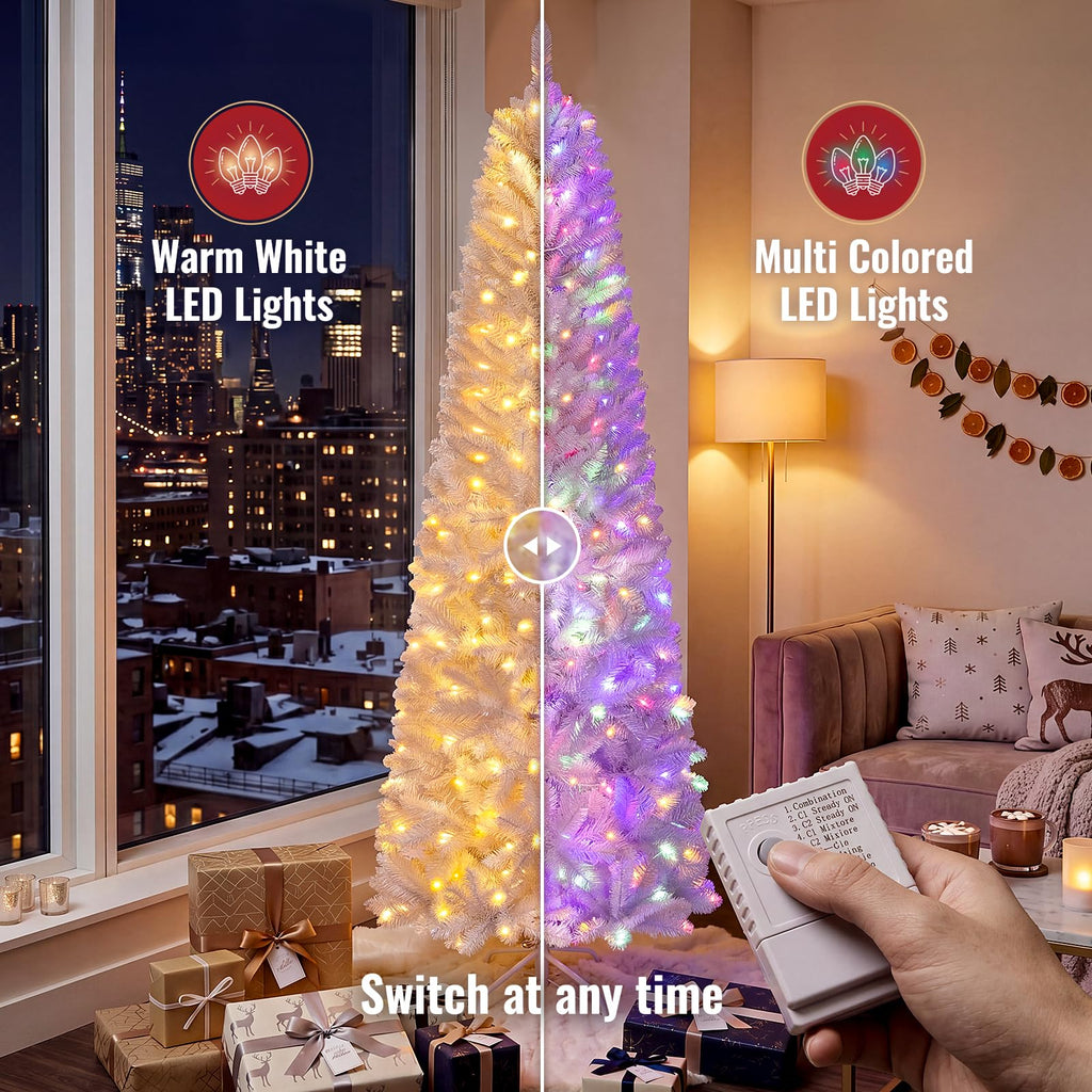 7.5ft White Christmas Tree, Fraser Fir Pencil Artificial Slim Trees Holiday Decor Prelit 350 Warm Lights 904 PVC