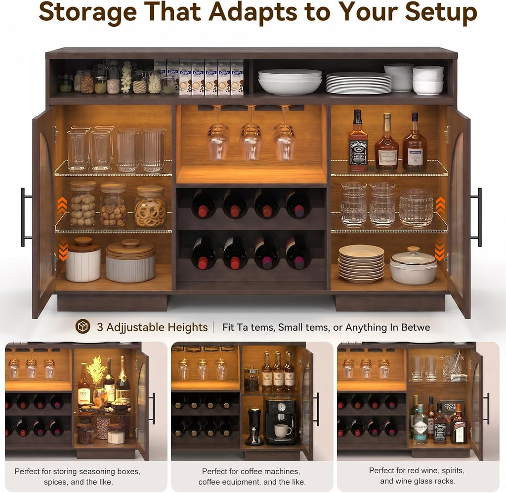 54" Coffee Bar Cabinet with Storage, LED Lights and Arched Glass Doors | Brown Wine Bar Cabinet with Wine Rack and