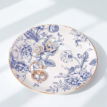 Floral Ceramic Jewelry Tray Ring Holder Trinket Dish for Rings Earrings Necklaces Tray Gift for Women Girls (Blue)
