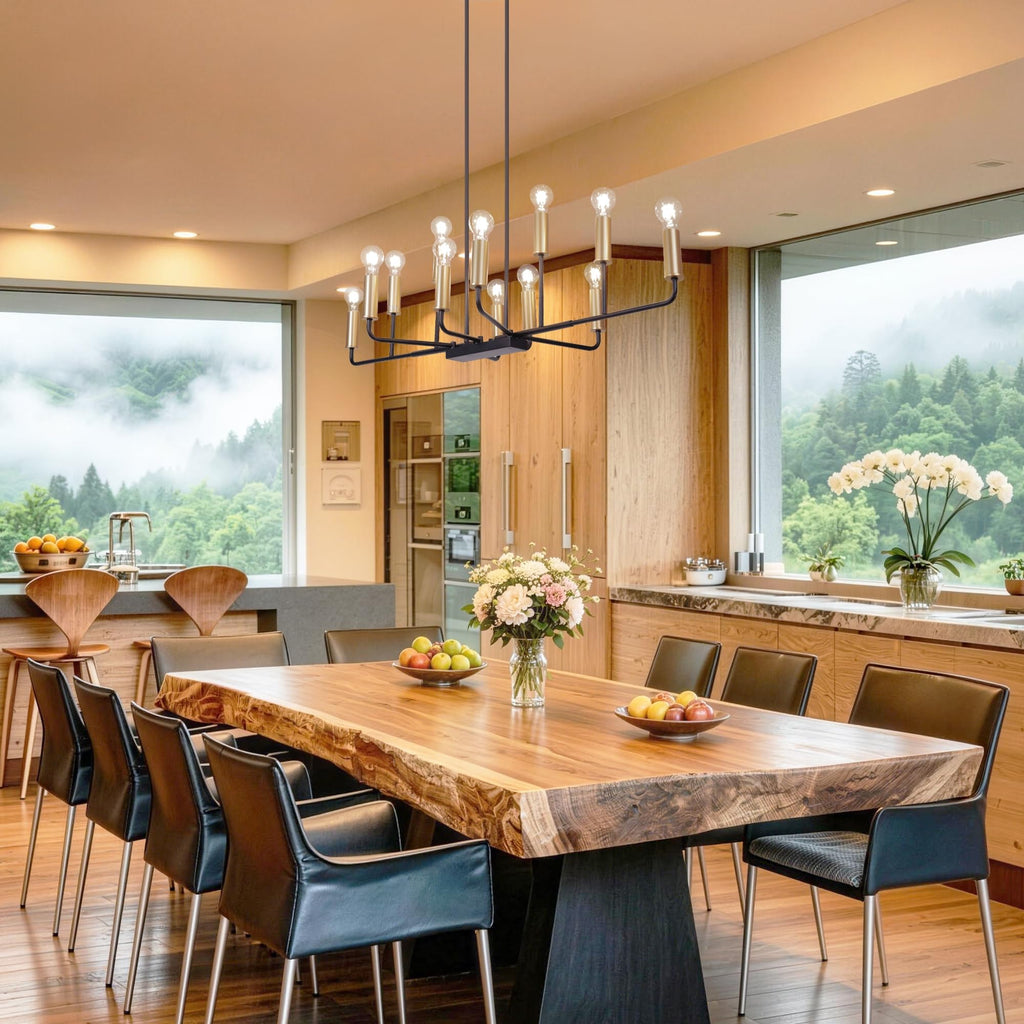 48" Large Black and Gold Chandelier, Modern 12-Light Linear Chandeliers Dining Room Light Fixtures Industrial Kitchen