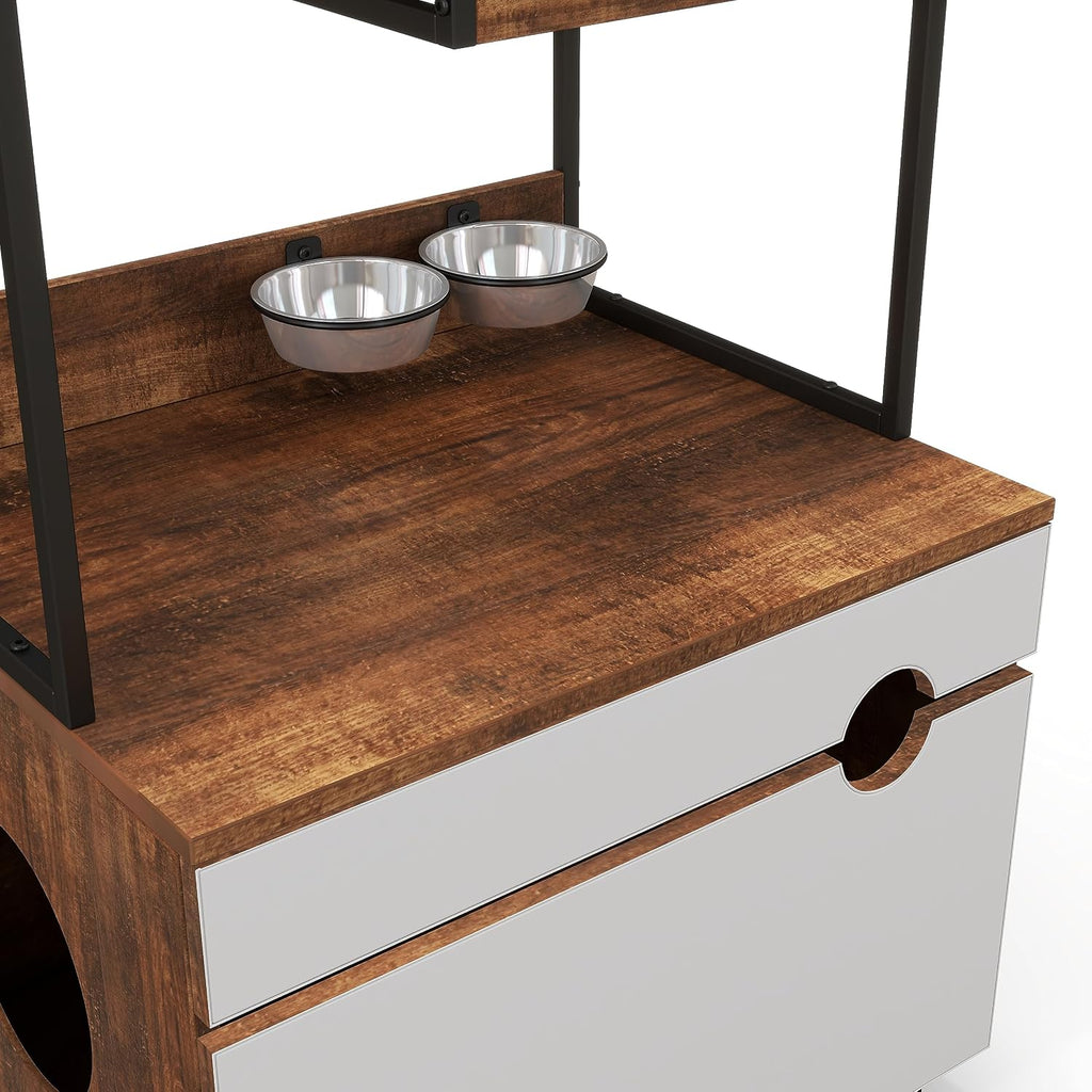 Cat Litter Box Enclosure Furniture with Cat Tree Tower, Kitty Litter Box Hidden Cabinet with Shelves Scratching Pad