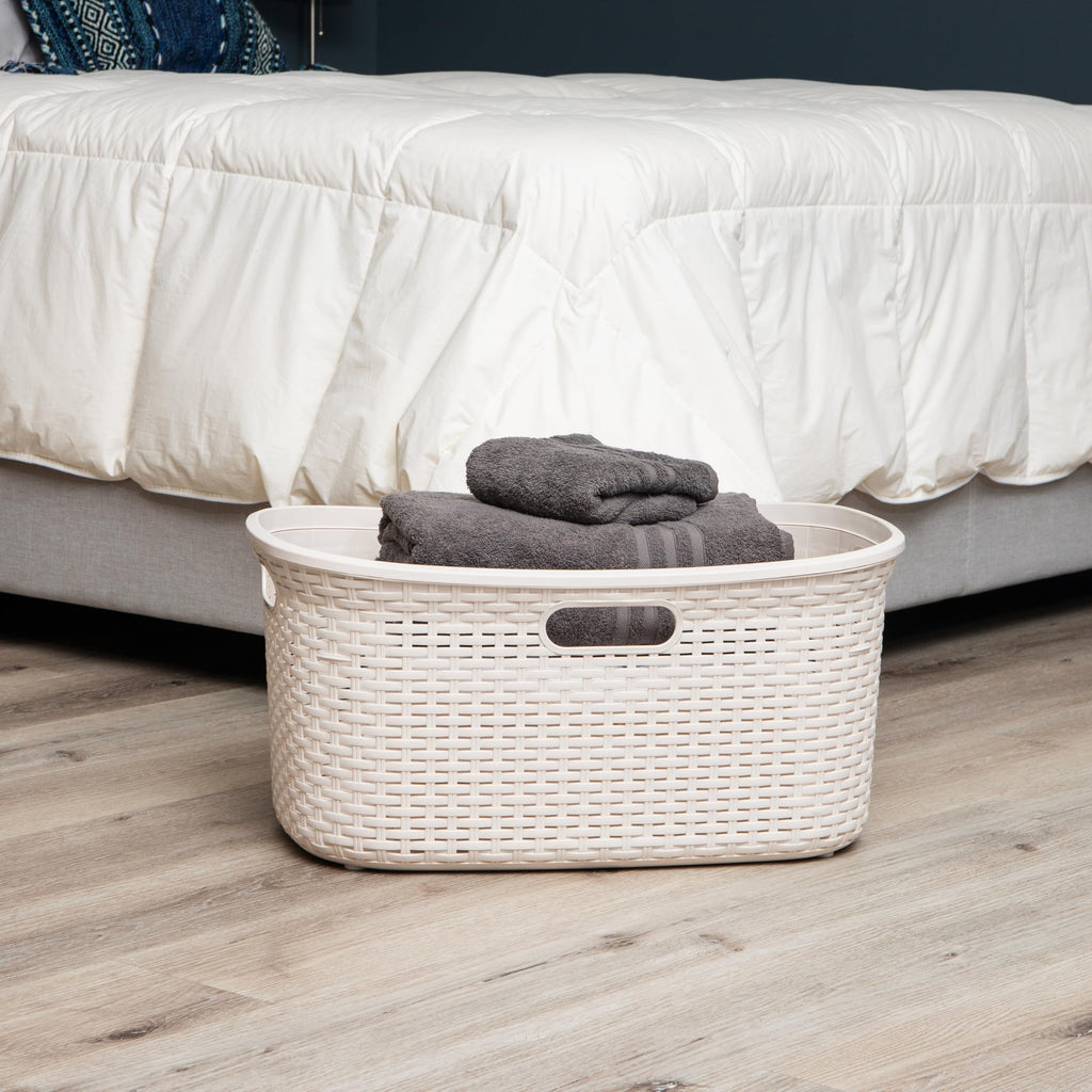 40L Laundry Basket, Clothes Hamper, Premium Wicker Design, Plastic, Set of 2, Ivory