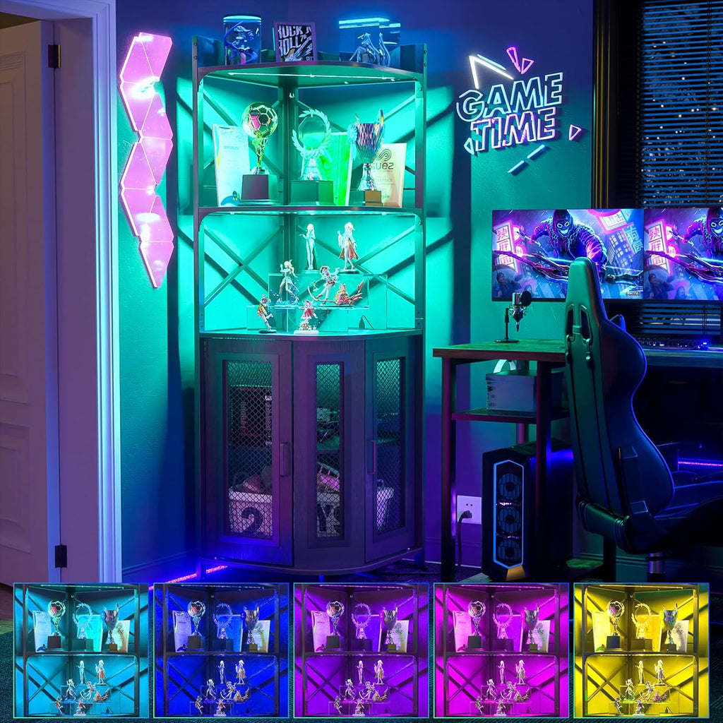 Corner Bar Cabinet with Power Outlet, Industrial Liquor Cabinet | 5-Tiers Wine Cabinet Mini Bar Unit with LED Strip