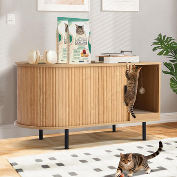 Fluted Cat Litter Box Enclosure, 37.4" Large Hidden Litter Box Furniture, Wooden Litterbox Cabinet with Cat Scratch