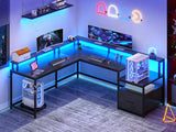 L Shaped Gaming Desk, 66" Home Office Desk with Wood File Drawer & Power Outlet