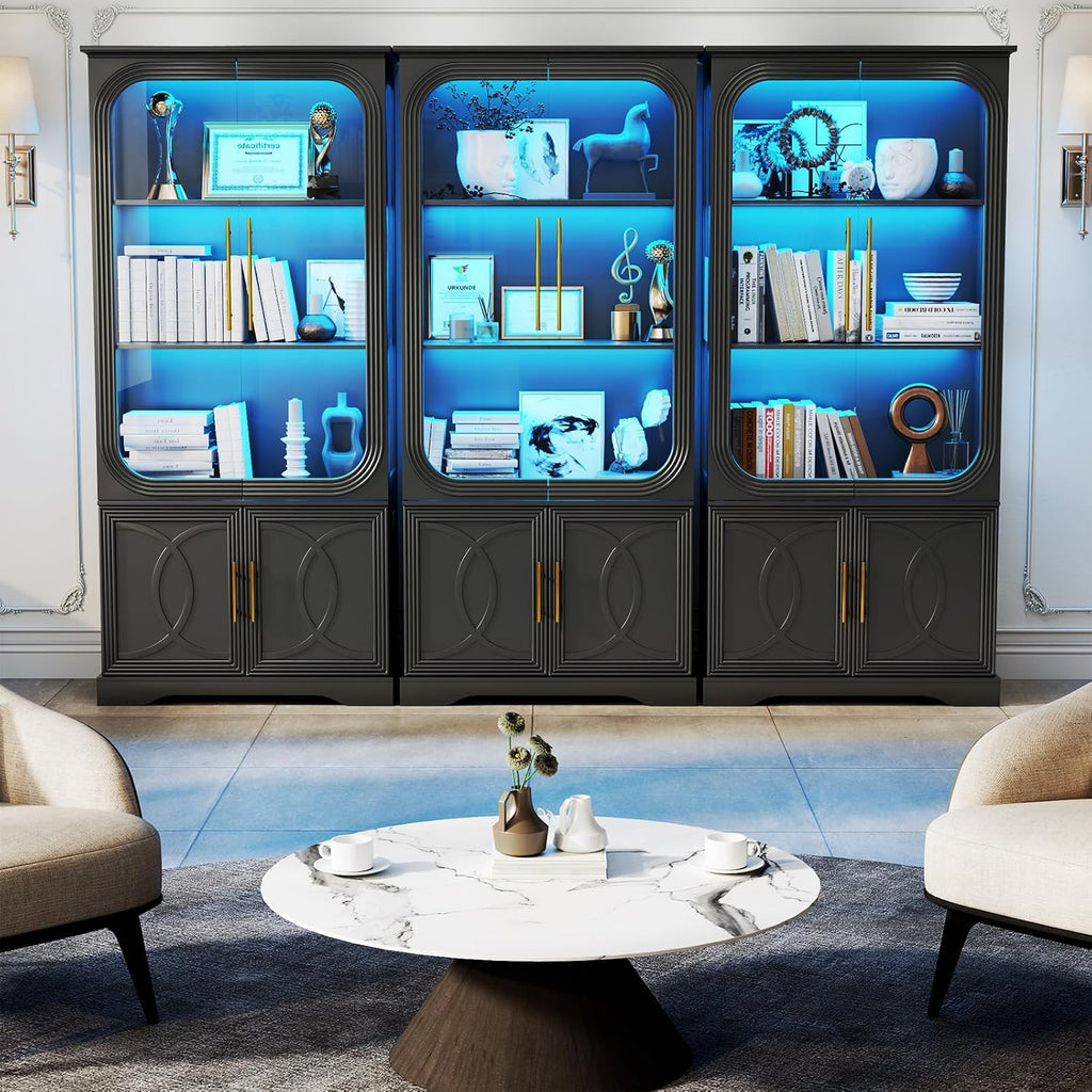 69 in Tall Display Cabinet with Glass Doors, LED Lights | 5 Tier Modern LED Display Bookcase Storage Cabinet, Human
