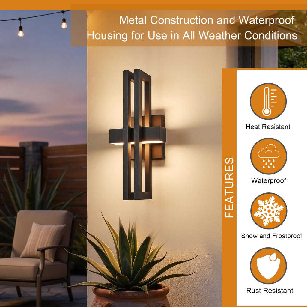Outside Light 2 Pack, 15Inch Small Black Outdoor Wall Sconce Waterproof Exterior Light Fixture, Modern Wall Mount