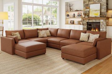Faux Leather Modular Sectional Sofa Wide U Shaped Couches Brown