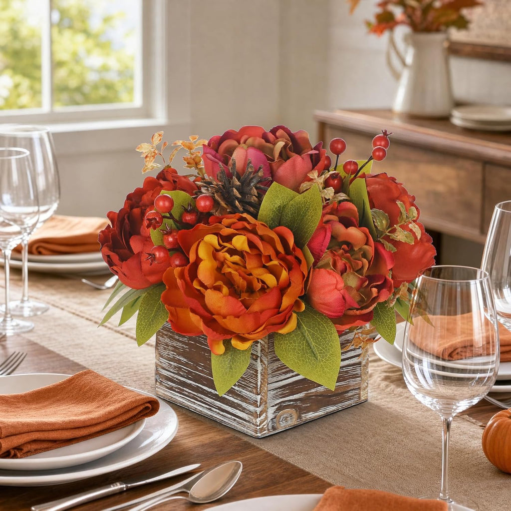 Fall Peonies Artificial Flowers Arrangements In Rustic Square Wooden Box