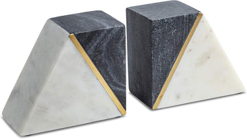 Marble Bookends with Gold Brass, Grey and White, Set of 2 | Heavy Book Ends for Shelves, Solid Stone Bookshelf Decor