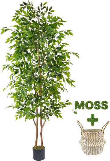 Artificial Ficus Tree 8ft Fake Floor Plant with Woven Basket