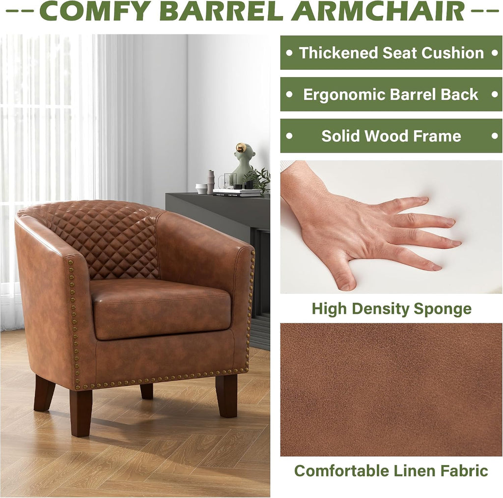 PU Leather Barrel Accent Chairs, Upholstered Armchair, Brown - Set of 2