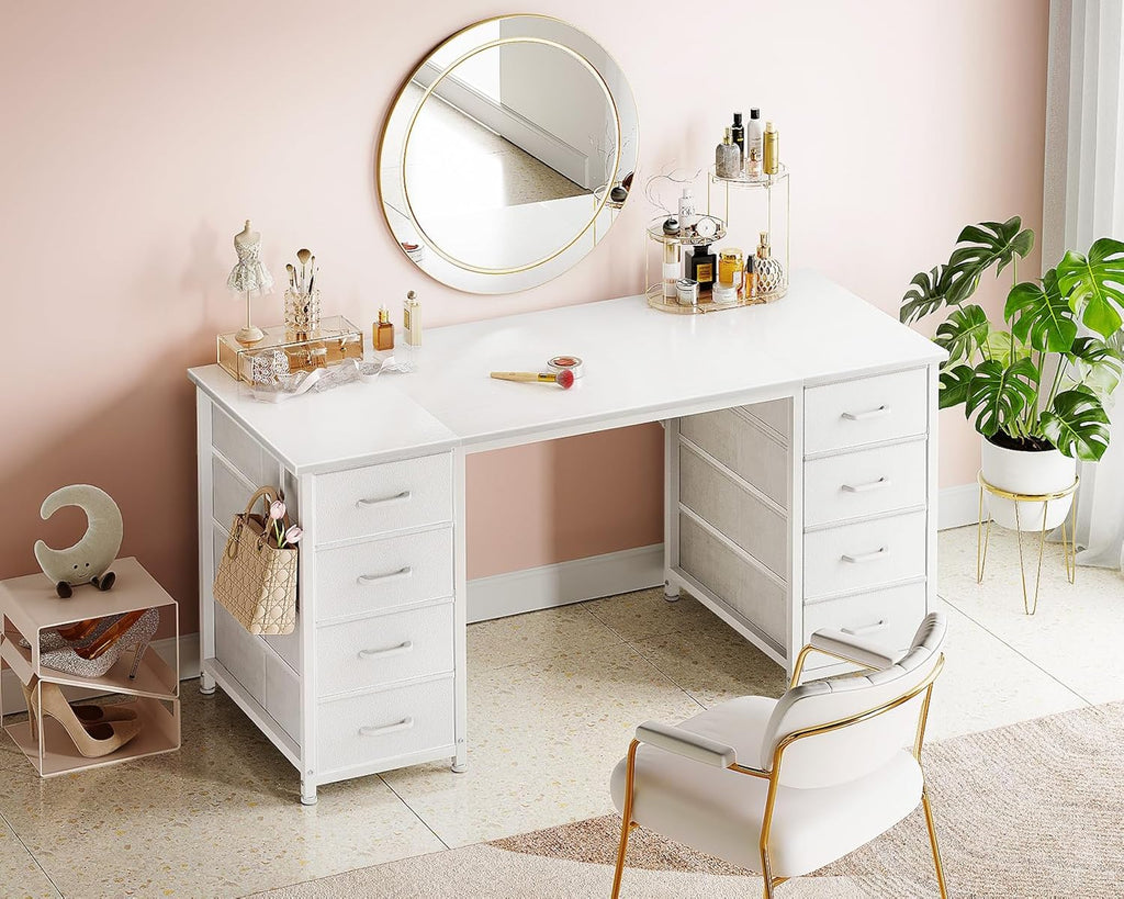 48 Inch White Computer Desk with 8 Fabric Drawers, Modern Office Desk with Large Storage, Study, Gaming, White
