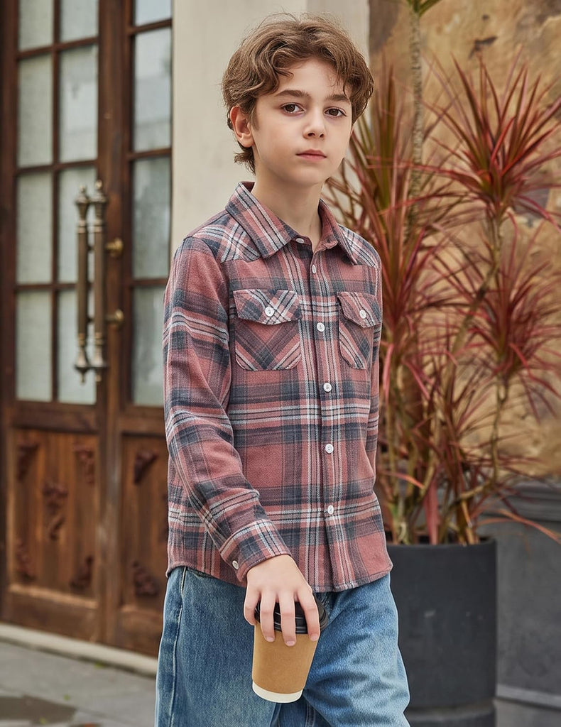 Boys Flannel Plaid Shirt Long Sleeve Button Down Casual Shirts
