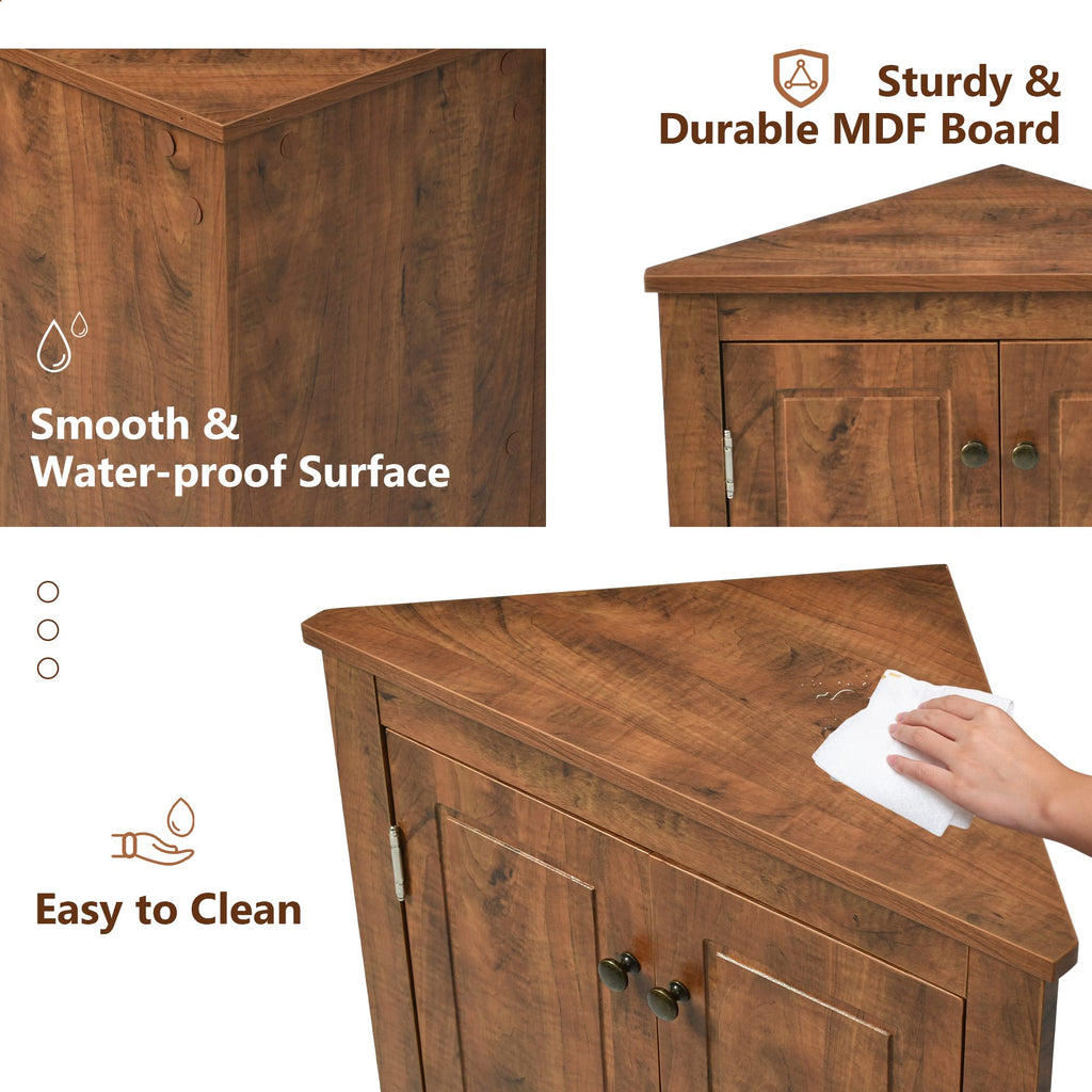 Corner Storage Cabinet with Two Doors, Adjustable Shelf, Freestanding Floor Space Saver, Brown