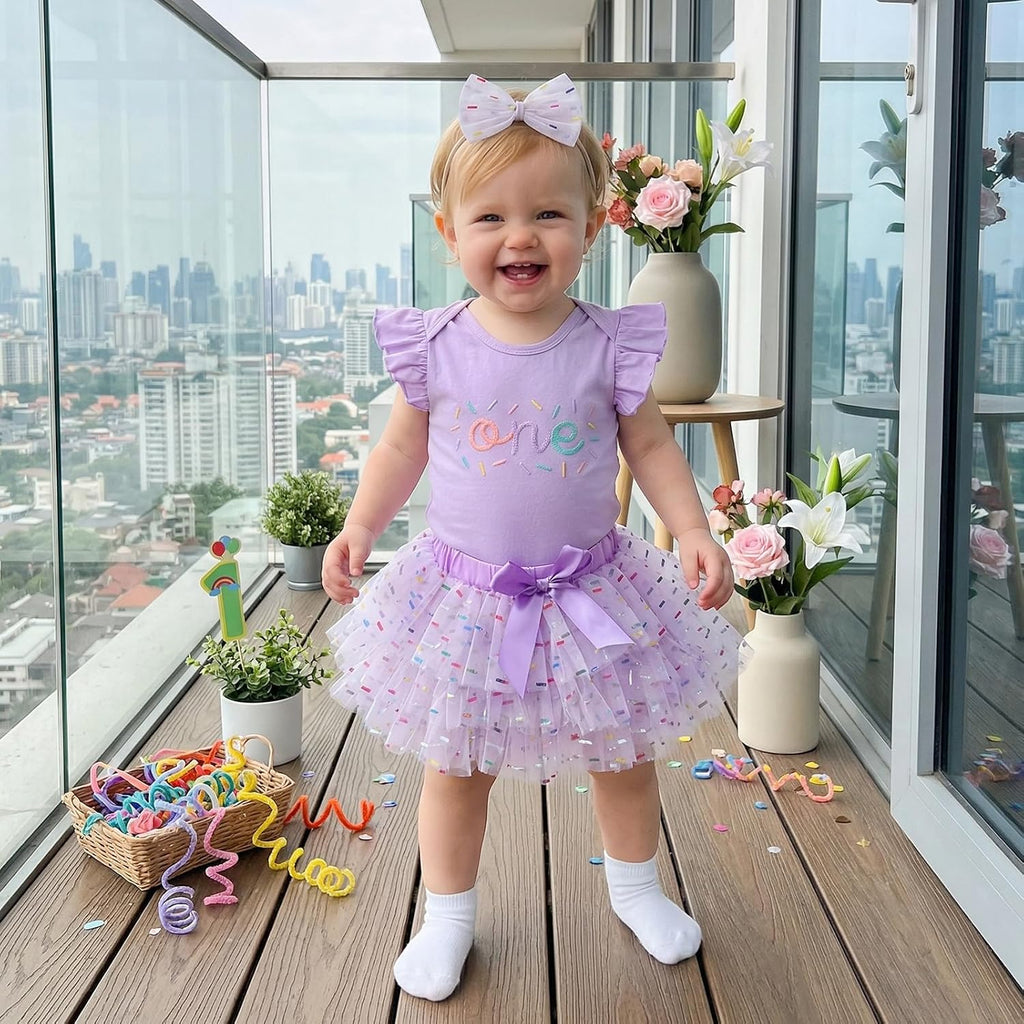 Baby Girl First Birthday Outfit One Year Old Sprinkle Romper Bodysuit Tulle Tutu Skirt with Headband