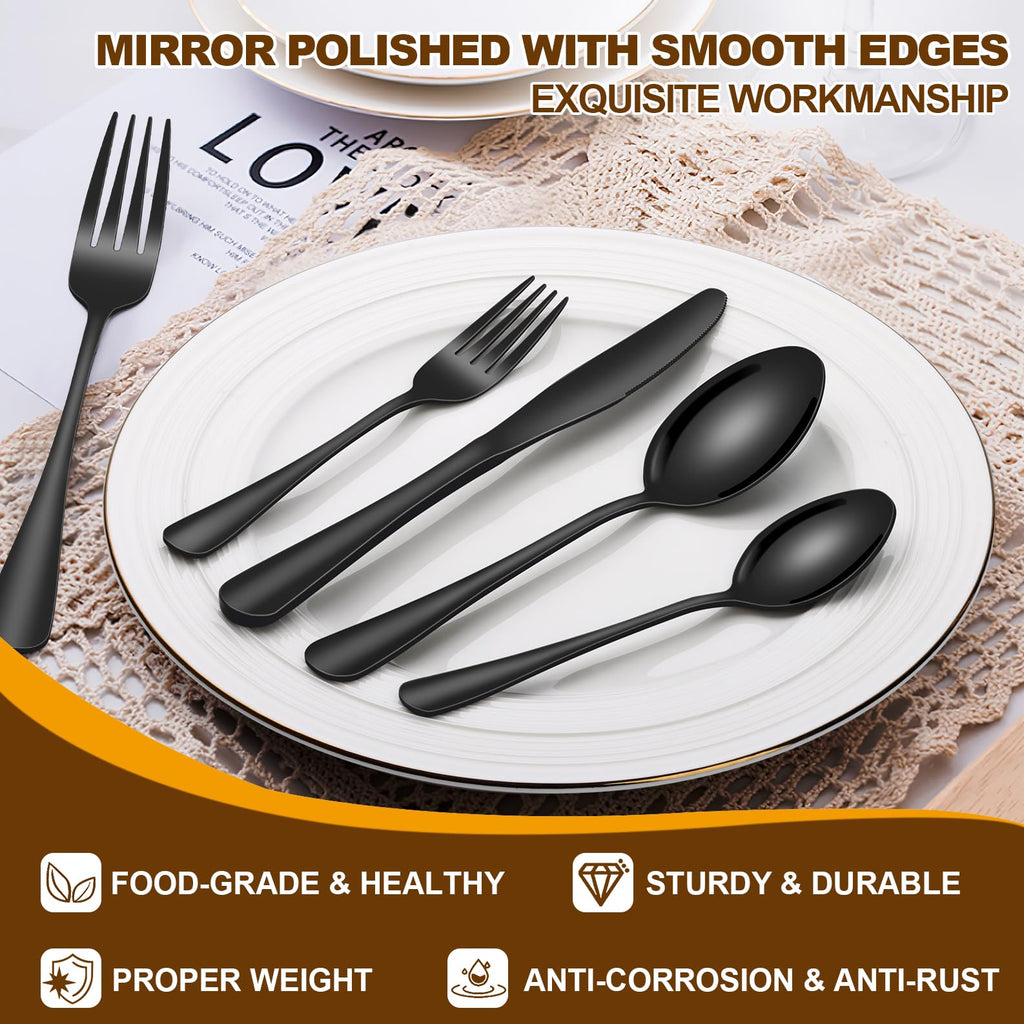 Black Silverware Set Service for 8, Stainless Steel Flatware Set