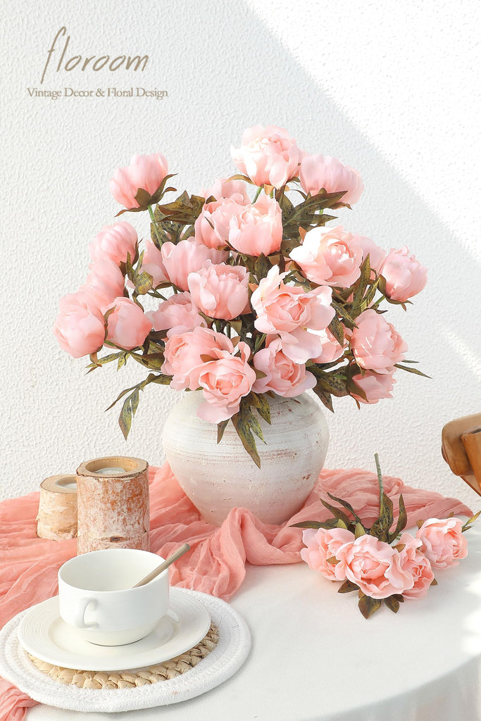 8pcs Blush Faux Silk Real Touch Peony Artificial with Stems, Bulk Fake Flower Branches for DIY Pink Wedding Bouquets