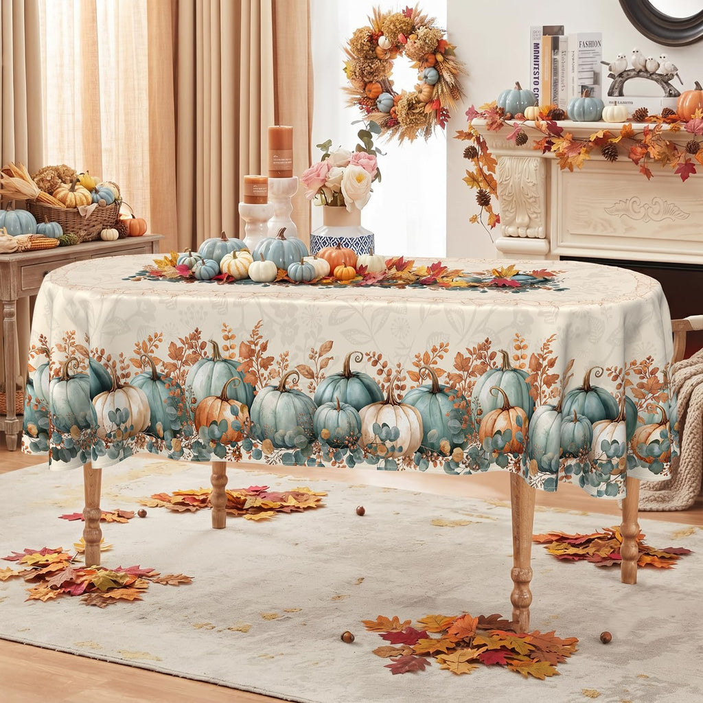 Fall Oval Tablecloth 60 x 84 Inch, Stain Resistant Washable Fabric Autumn Pumpkin Table Cloth Oval Fall Tablecloth