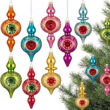 Vintage Glass Christmas Ornament with Reflector for Tree - Set of 8