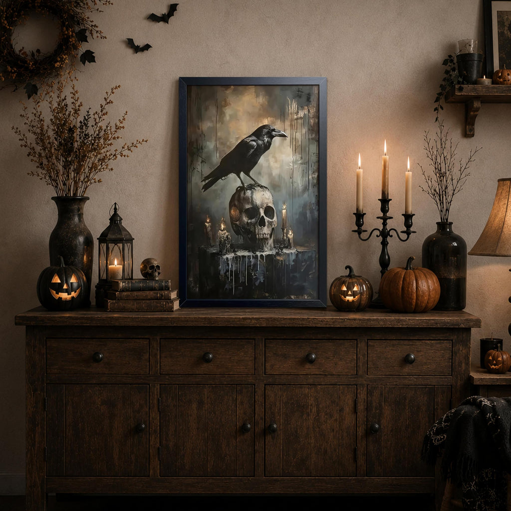 Framed Halloween Raven Skull Canvas Wall Art, Gothic Dark Academia Gothic Horror Wall Decor Painting, Spooky Raven
