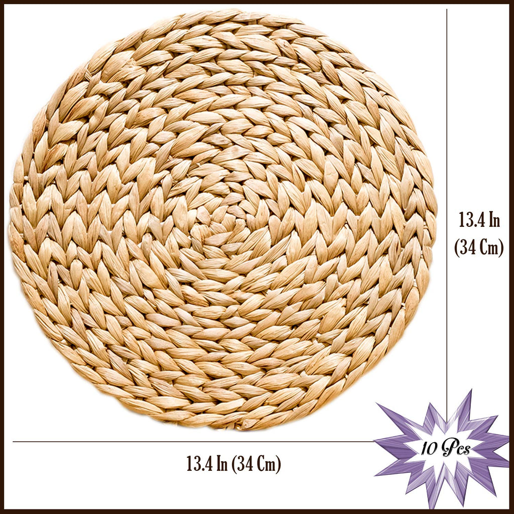 Round Woven Placemats Set of 10, 13.4 Inch Water Hyacinth Charger Plates with Clean Straight Rim, Bulk Handwoven