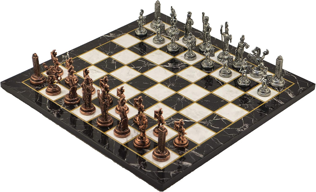 Metal Chess Set for Adults Greek Zeus Antique Copper Figures,Handmade Pieces and Marble Design Wooden Chess Board