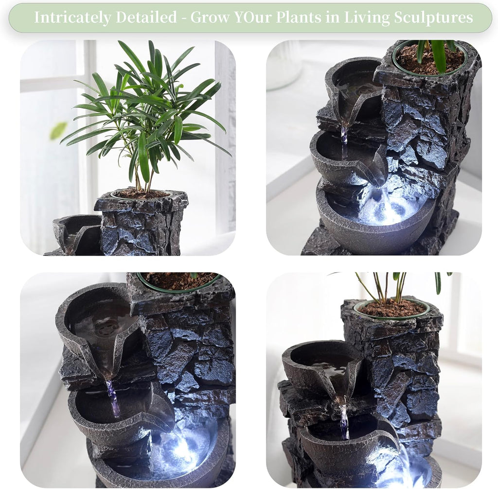 Indoor Tabletop Water Fountain with Planter Pot, Small Desk Waterfall with Cool LED Lights, Zen Decor, Calming