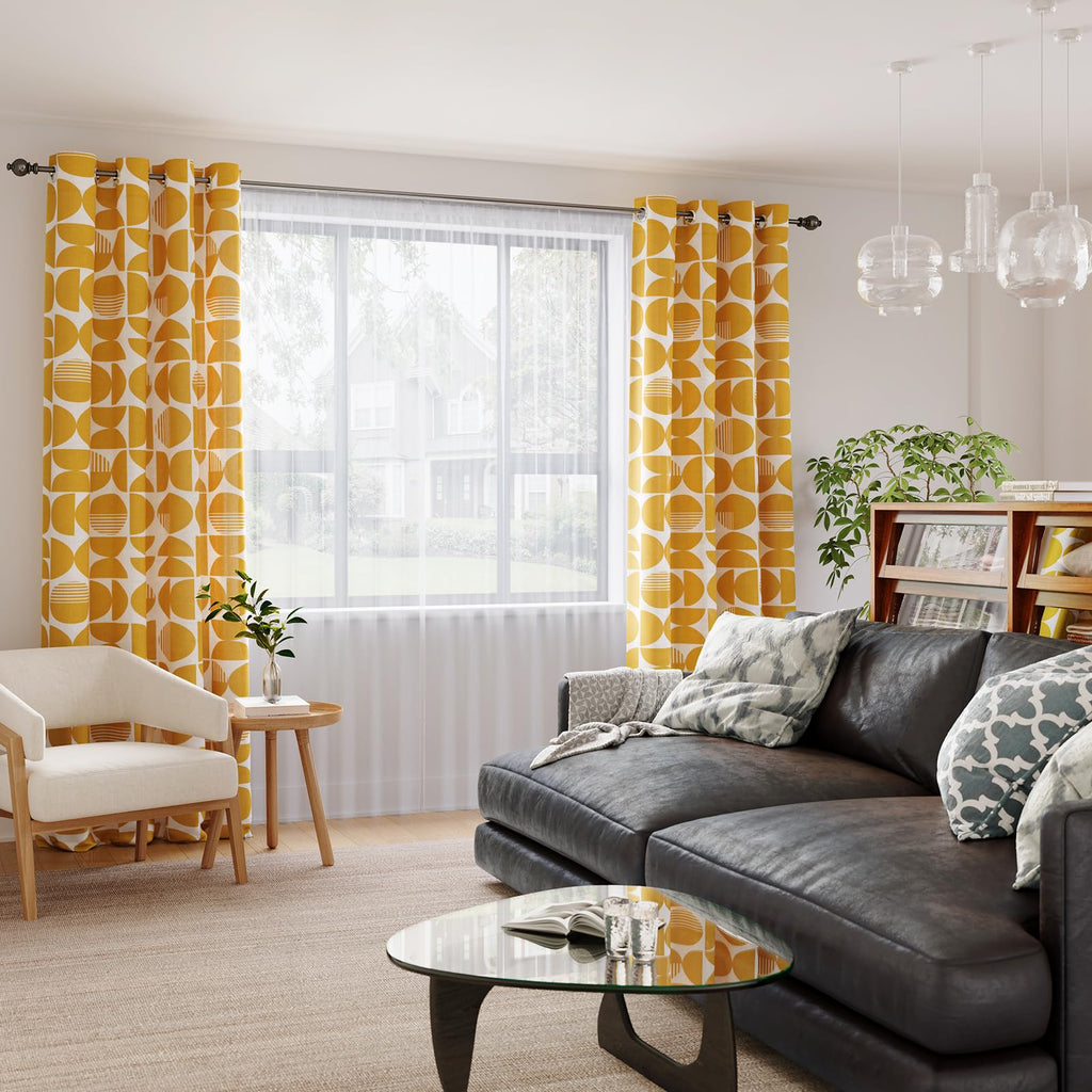Yellow Mid Century Modern Patterned Curtains 84 Inches Long 2 Panels Set MCM Drapes, Geometric Light Filtering