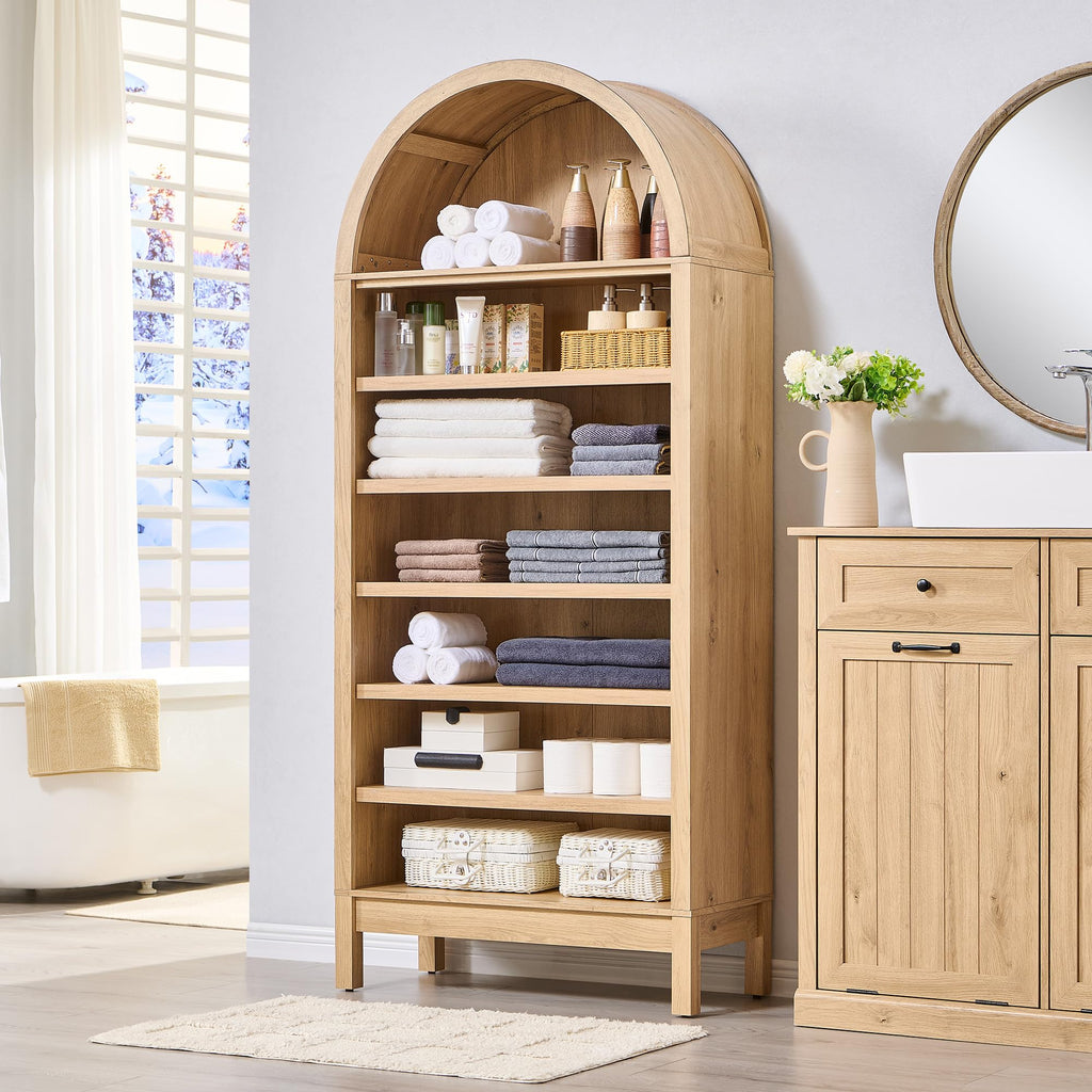 71" Tall Arched Bookshelf, 7 Tiers Arch Bookcase (Natural)